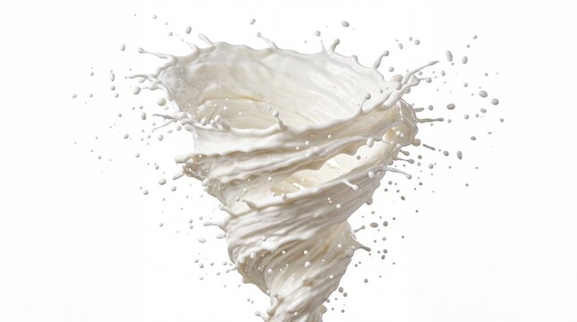 Dynamic white milk splash tornado swirling with fresh liquid drops isolated on a clean background for dairy product advertisement and healthy beverage concept design