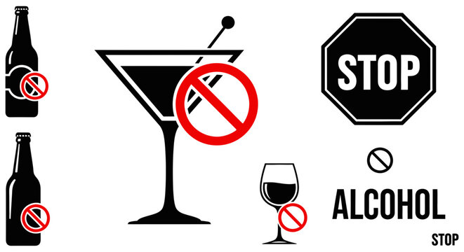 Alcohol Prohibition Symbols In Black Silhouette Style On White Background