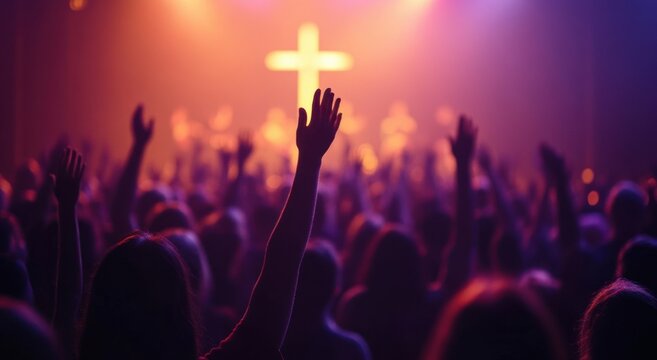 silhouetted crowd with raised hands worshiping beneath a glowing cross on a stage lit with warm purple and orange lights, atmosphere of reverent celebration