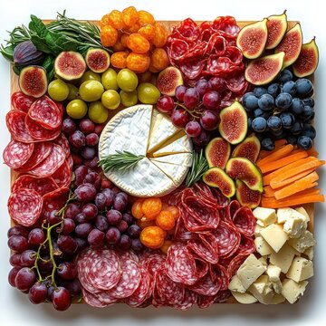 inviting abundant charcuterie board with creamy brie, sliced salami, cubed cheese, red, green and black grapes, halved figs, golden berries, green olives, carrot sticks and fresh herbs
