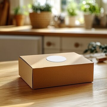 kraft cardboard box with blank round label on wooden kitchen table bathed in warm sunlight, cozy home scene