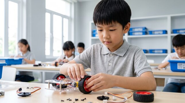 Asian boy assembling electronic components of a robot, practical stem education.