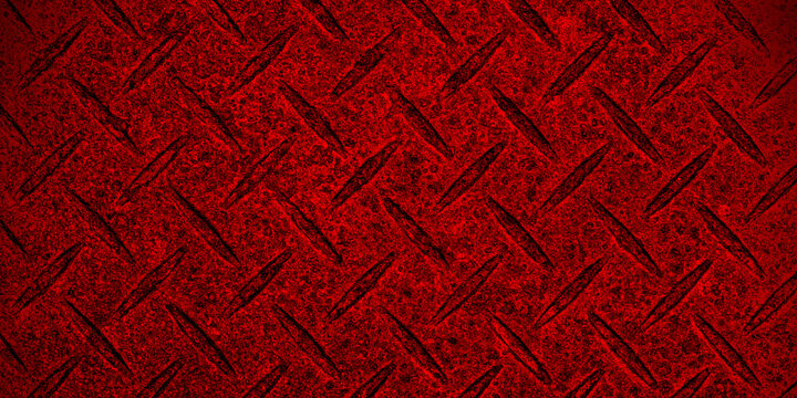 Red diamond plate metal texture background with grunge industrial surface and raised tread pattern. Useful for construction, safety, factory, wallpaper, and design projects.