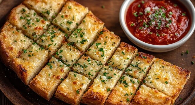 golden cheesy garlic bread cut into bite-sized squares, sprinkled with parsley and served with a bowl of marinara sauce, warm and inviting