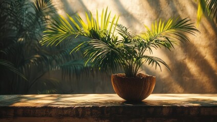 Fototapeta premium small potted palm in a coconut shell on a sunlit stone ledge with warm textured wall and soft dappled shadows evoking a calm cozy atmosphere