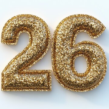 Sparkling gold glitter number 26 with sequined texture on a white background, festive and celebratory