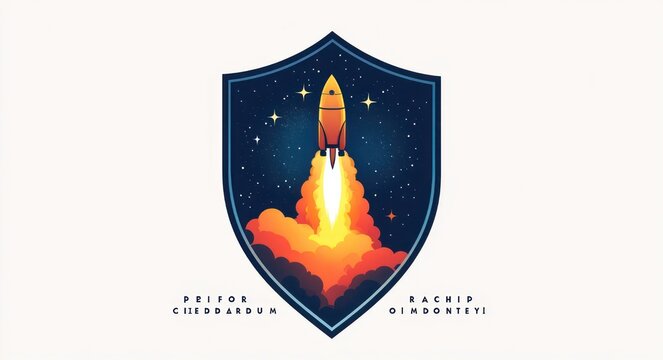 shield emblem showing a rocket launching into a starry sky with fiery plume and glowing clouds, evoking adventurous and triumphant spirit