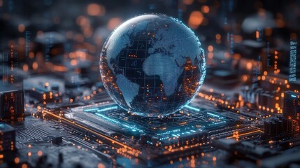 Fototapeta premium Glowing holographic earth hovering above a microchip with illuminated circuits conveying global digital connectivity and futuristic technological awe