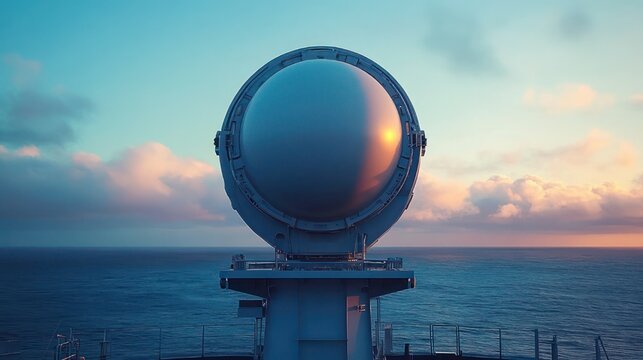 large spherical radar dome on a ship deck overlooking calm ocean at sunset with soft clouds, reflective surface and a serene, watchful mood