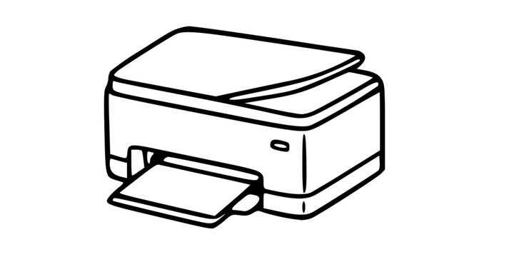 Create a minimalist black-and-white line art vector icon of a compact desktop printer, closely matching the reference image. Show the printer in a slightly angled front three-quarter view, with a rect