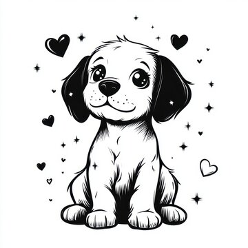 adorable sitting puppy with big sparkling eyes surrounded by hearts and stars, cheerful and loving expression