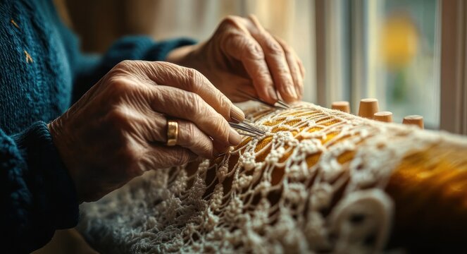 Elderly hands carefully weaving intricate bobbin lace on a pillow with wooden bobbins and pins by a window, warm light and calm concentration