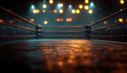 Naklejka premium Empty boxing ring under dramatic orange and blue spotlights with ropes, textured canvas floor and floating particles conveying tense anticipation