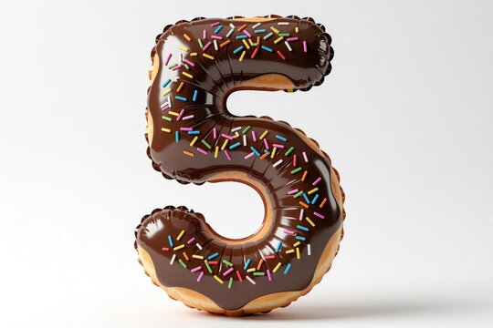 Chocolate donut shaped number 5 balloon with colorful sprinkles sits on white backdrop. Item used for birthday parties. Celebratory inflatable decor.