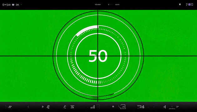 Green screen countdown timer with crosshairs and number 50 displayed, retro film style, perfect for video editing and motion graphics