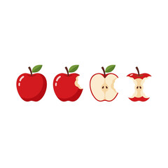 Obraz premium Red apples progression from whole fruit to consumed core, showing stages of eating, isolated on transparent background for healthy food concepts.