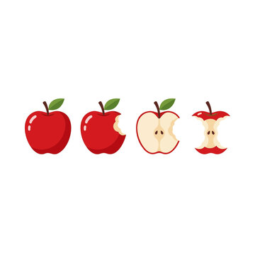 Red apples progression from whole fruit to consumed core, showing stages of eating, isolated on transparent background for healthy food concepts.