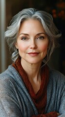 Fototapeta premium Serene mature woman with silver hair in a loose updo wearing a rust scarf and gray textured shawl, soft warm lighting and contemplative calm posture, face obscured