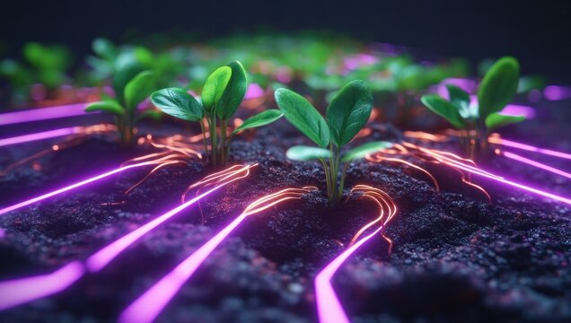 young green seedlings emerging from dark soil with glowing purple neon circuit-like lines, futuristic agricultural growth and a hopeful high-tech atmosphere