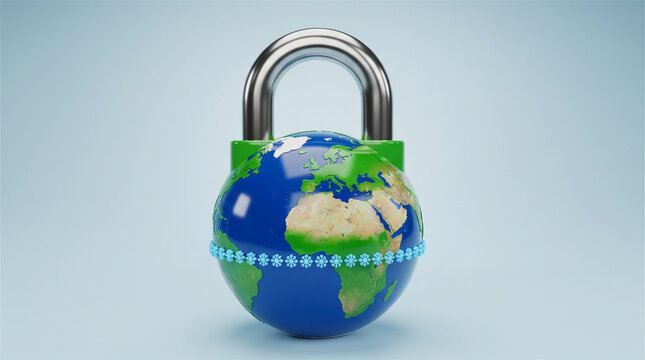 Global security padlock with earth globe, world data protection concept, secure international network and environmental safety