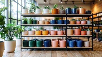 Fototapeta premium Sunlit plant shop display of colorful glazed ceramic pots and small potted succulents on black metal shelves by large windows over warm wooden floor, cheerful inviting atmosphere