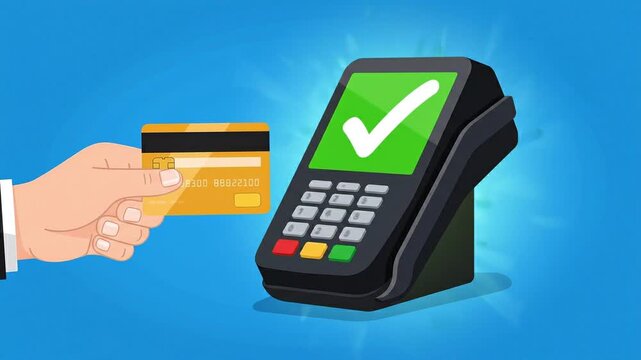 Animation of a hand using a credit card for a contactless payment on a POS terminal with a successful transaction checkmark.