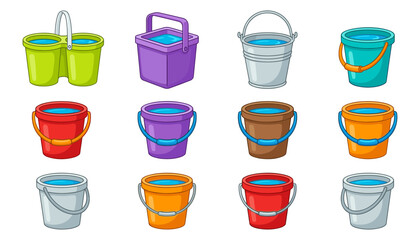 Plastic buckets and metal pails vector set featuring colorful flat illustrations of containers filled with clean water for cleaning gardening and household chores © MdRobiul