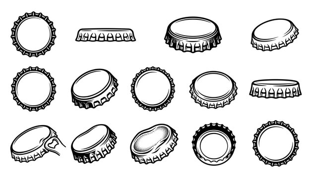 Bottle cap line icons set featuring vector black outlines of crown cork metal bottle tops from top side perspective angles and bent damaged views