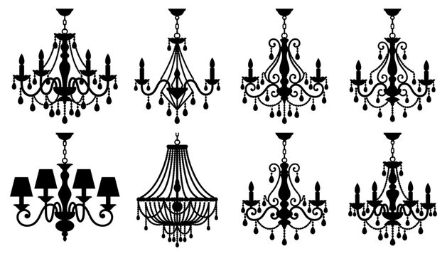 Luxury chandelier vector silhouettes set featuring elegant hanging crystal lamps ornate ceiling light fixtures baroque candelabras and classical lighting elements for interior decor