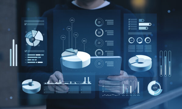 Hologram data analytics dashboard drawing with charts, percentages, pie graphs and business intelligence metrics for digital strategy planning concept.