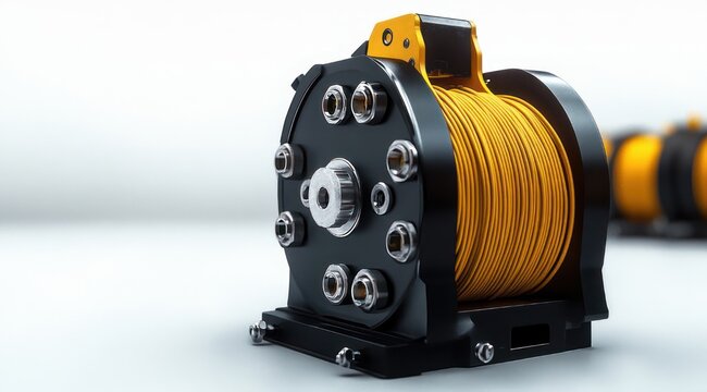 close-up of black metal cable winch with bright yellow wound cable, polished bolts and sleek precise industrial look on white background