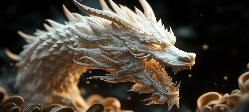 ornate carved dragon head sculpture with flowing mane and glowing eyes, fierce majestic expression, dramatic warm lighting and floating particles