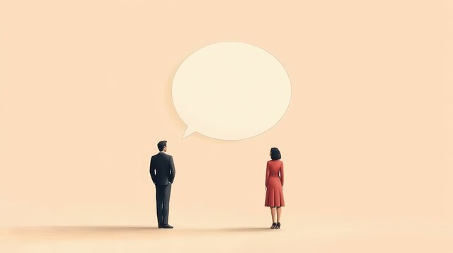 man in suit and woman in red dress stand apart on empty beige background beneath a large blank speech bubble expressing awkward silence and a communication gap