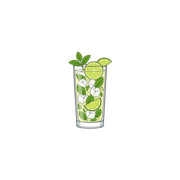 Refreshing mojito cocktail vector with fresh lime slices mint leaves and ice cubes for summer bar menus and tropical drink promotional advertisements.