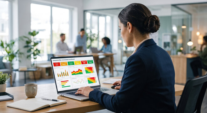 Analyst dashboard: compliance metrics, risk indicators, control gaps, and monitoring alerts.