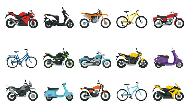 Motorcycle and bicycle icons vector collection featuring colorful flat illustrations of sports bikes scooters retro choppers dirtbikes city bicycles and transport vehicles