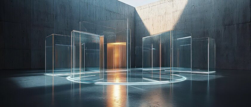 Minimal concrete chamber with skylight, circular glowing floor ring and transparent glass rectangular prisms surrounding a warm illuminated doorway, calm mysterious futuristic mood