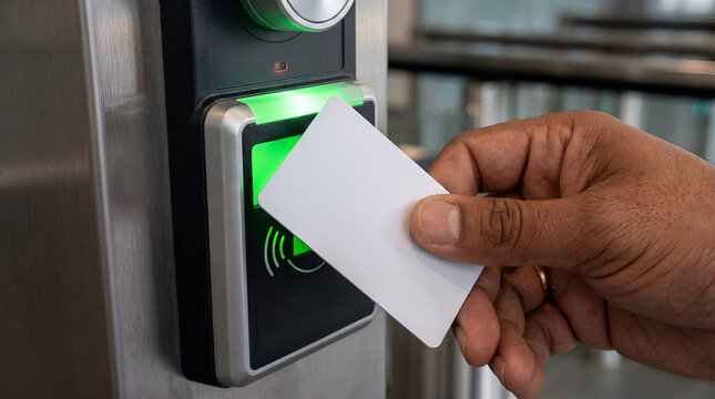 Hand scanning white keycard at glowing green electronic access reader