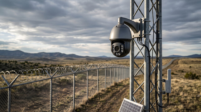 Outdoor dome surveillance camera mounted on metal pole near industrial fence