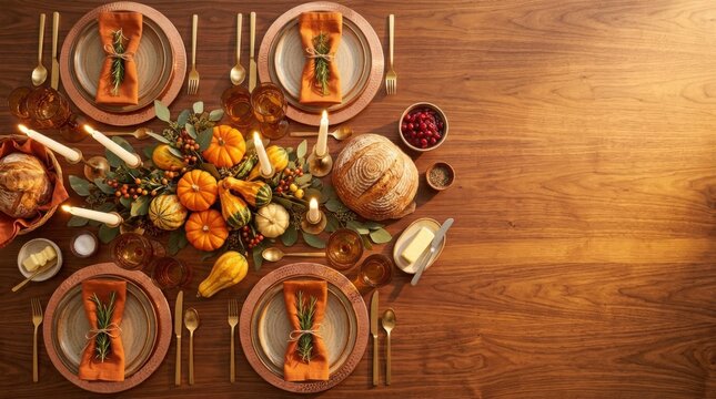 Thanksgiving harvest table setting with roasted turkey pumpkin