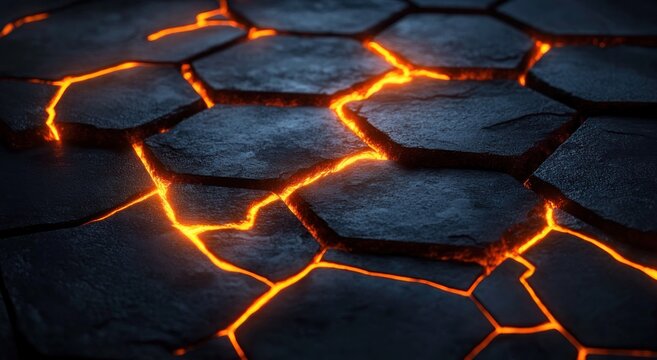 dark hexagonal stone slabs fractured by glowing molten lava fissures, dramatic intense fiery glow