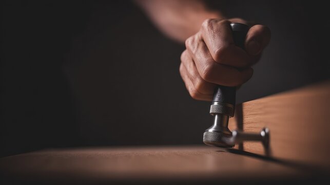 Person stamping on wooden surface close up dark setting copy space