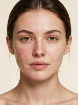 Before after acne skin comparison, facial redness clear skin
