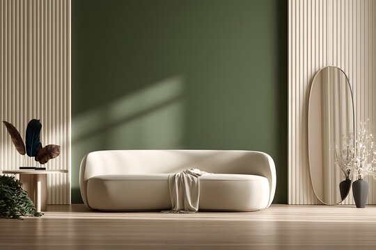 Minimalist living room with olive green accent wall, curved white sofa, floor mirror, and decorative feathers, 3d render