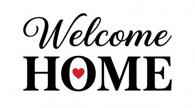 Elegant handwritten script welcome home sign with red heart accent in minimalist