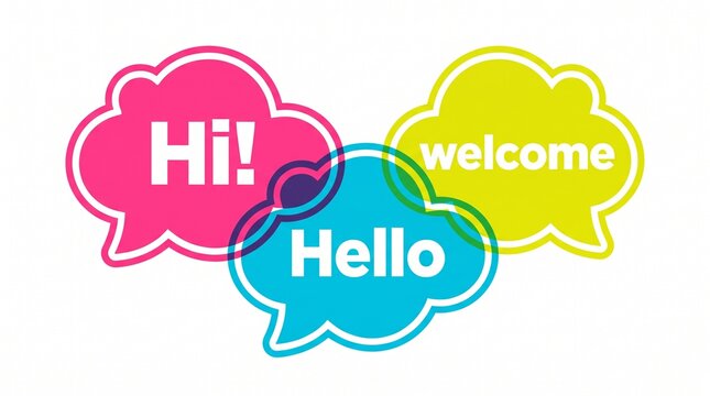 Colorful speech bubbles with hello hi welcome text in modern flat design style