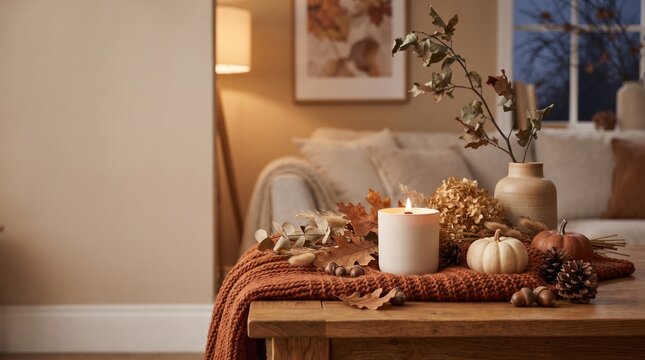 Cozy autumn home decor with burning candle and pumpkins on wooden table. Warm fall interior scene with orange blanket and dried leaves. Hygge seasonal living room.