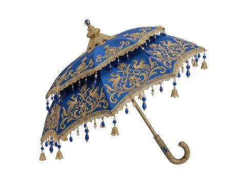 Ornate blue and gold traditional indian ceremonial parasol umbrella decorated with beads umbrella decorative