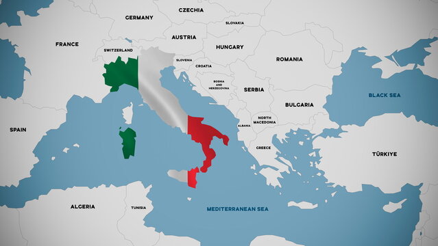 Italy Map Highlighted with National Flag Texture on Europe Map Illustration