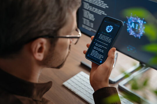 Close up of man using AI chatbot app on his smartphone for business tips while artificial intelligence assistant or agent on his computer helps him with work and daily tasks on background. Copy space